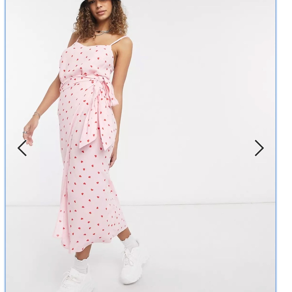 ASOS Style Cheat Satin Wrap Midi Skirt in Pink and Red Heart Print